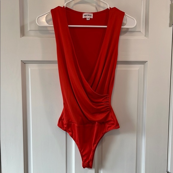 Super Down Plunging Neckline Deep Orange Draped Sleeveless Bodysuit - Size XS - Picture 1 of 13